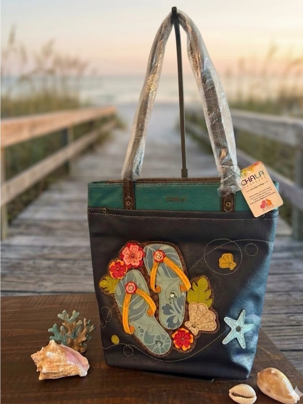 Chala Navy & Teal Flip-Flop Applique Tote